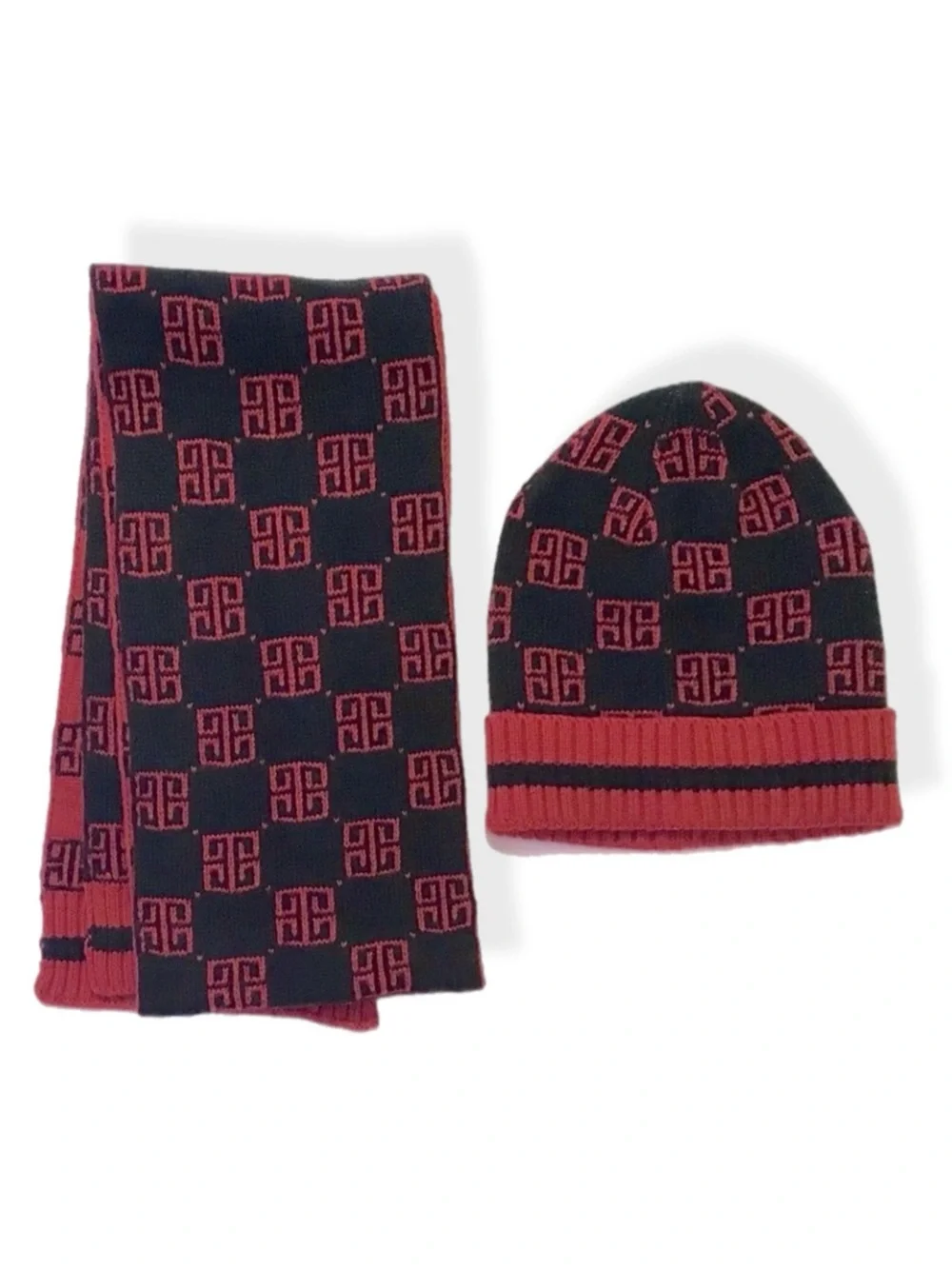 Linea Uomo Men’s Scarf and Beanie Hat Set Geometric Print Holiday Ski Resort